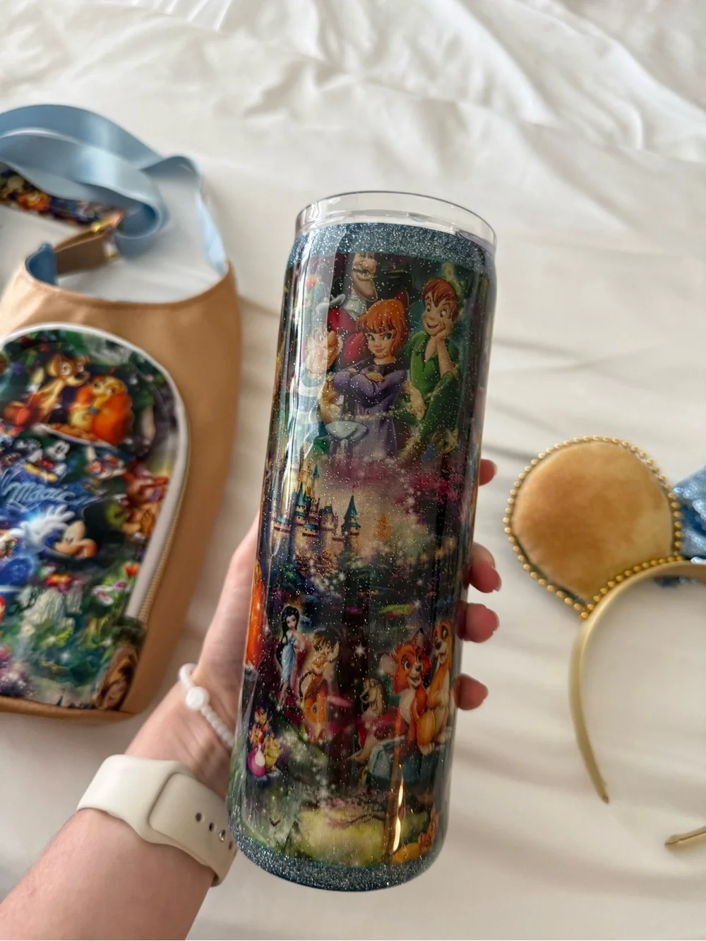 Disney Rose Gold Crossbody Water Bottle Bag with Blue Strap & Matching Ears